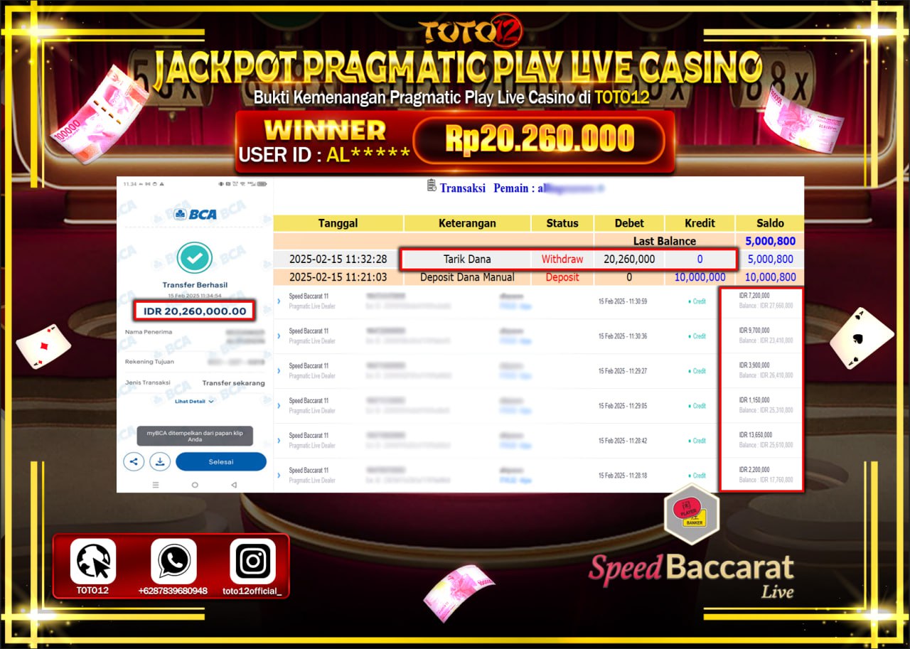 HANYA DI TOTO12 JP PASTI DI BAYAR LUNAS DAN CEPAT!!!!!! JACKPOT PRAGMATIC PLAY LIVE CASINO (SPEED BACCARAT) Rp.20.260.000 !!!!