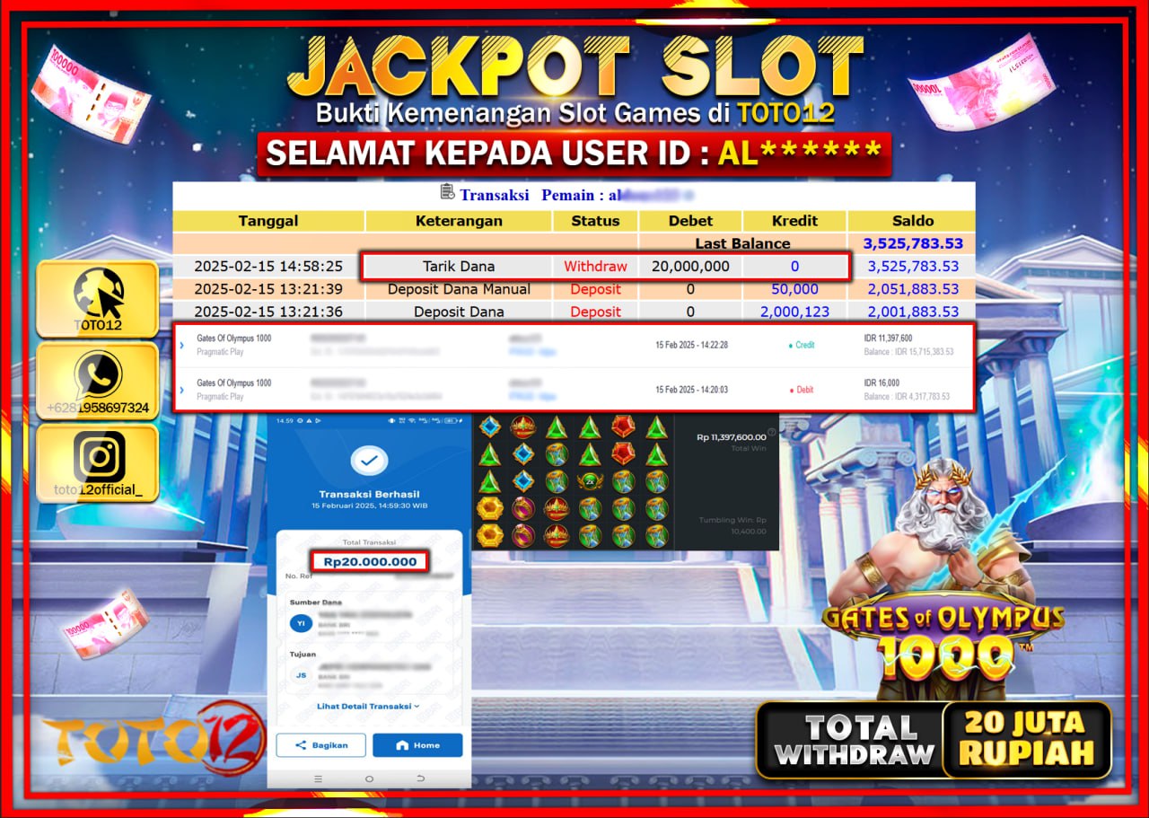 HANYA DI TOTO12 JP PASTI DI BAYAR LUNAS DAN CEPAT!!!!!! JACKPOT SLOT GAME (GATES OF OLYMPUS 1000) Rp.20.000.000 !!!!