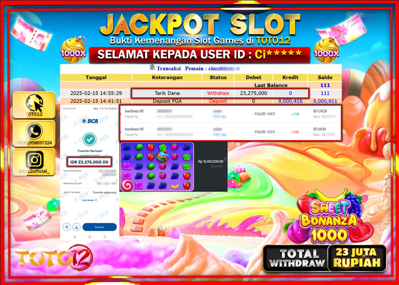 HANYA DI TOTO12 JP PASTI DI BAYAR LUNAS DAN CEPAT!!!!!! JACKPOT SLOT GAME (SWEET BONANZA 1000) Rp.23.275.000 !!!!