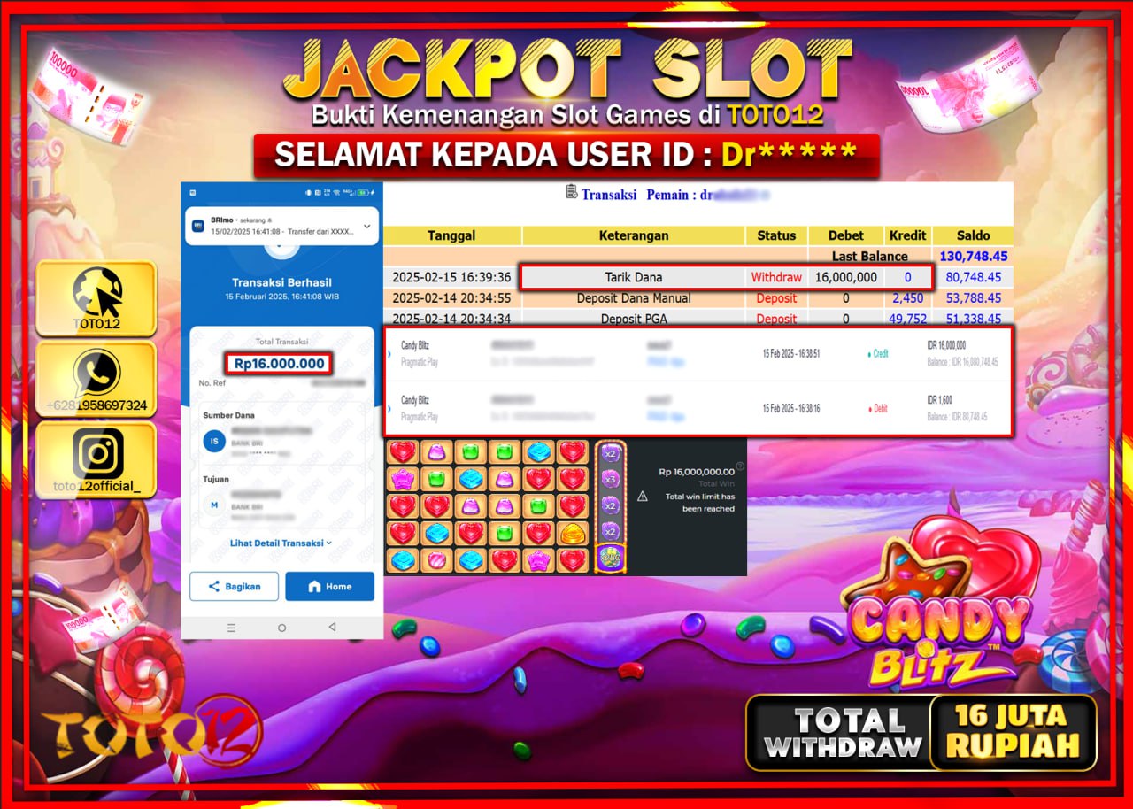 HANYA DI TOTO12 JP PASTI DI BAYAR LUNAS DAN CEPAT!!!!!! JACKPOT SLOT GAME (CANDY BLITZ) Rp.16.000.000 !!!!