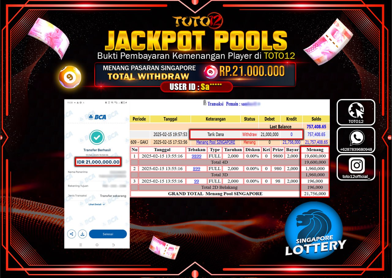 HANYA DI TOTO12 JP PASTI DI BAYAR LUNAS DAN CEPAT!!!!!! JACKPOT POOLS (SINGAPORE) Rp.21.000.000 !!!!
