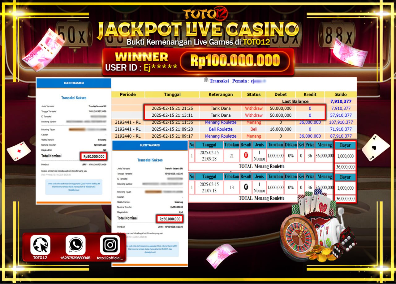 HANYA DI TOTO12 JP PASTI DI BAYAR LUNAS DAN CEPAT!!!!!! JACKPOT LIVE CASINO (ROULETTE) Rp.100.000.000 !!!!