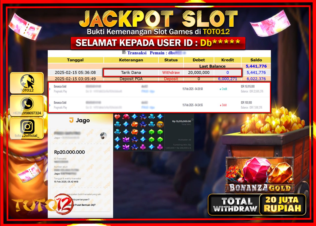 HANYA DI TOTO12 JP PASTI DI BAYAR LUNAS DAN CEPAT!!!!!! JACKPOT SLOT GAME (BONANZA GOLD) Rp.20.000.000 !!!!
