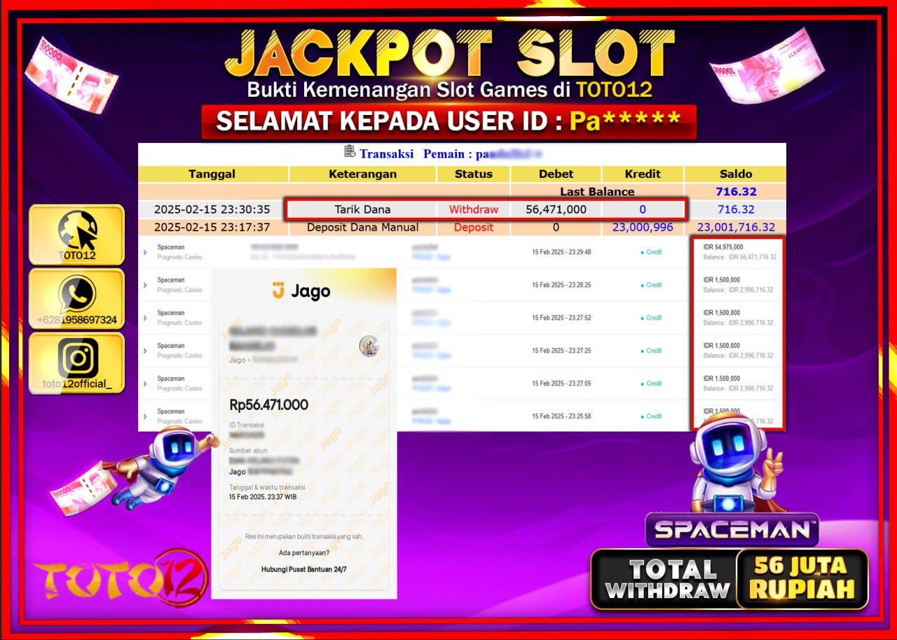 HANYA DI TOTO12 JP PASTI DI BAYAR LUNAS DAN CEPAT!!!!!! JACKPOT SLOT GAME (SPACEMAN) Rp.56.000.000 !!!!