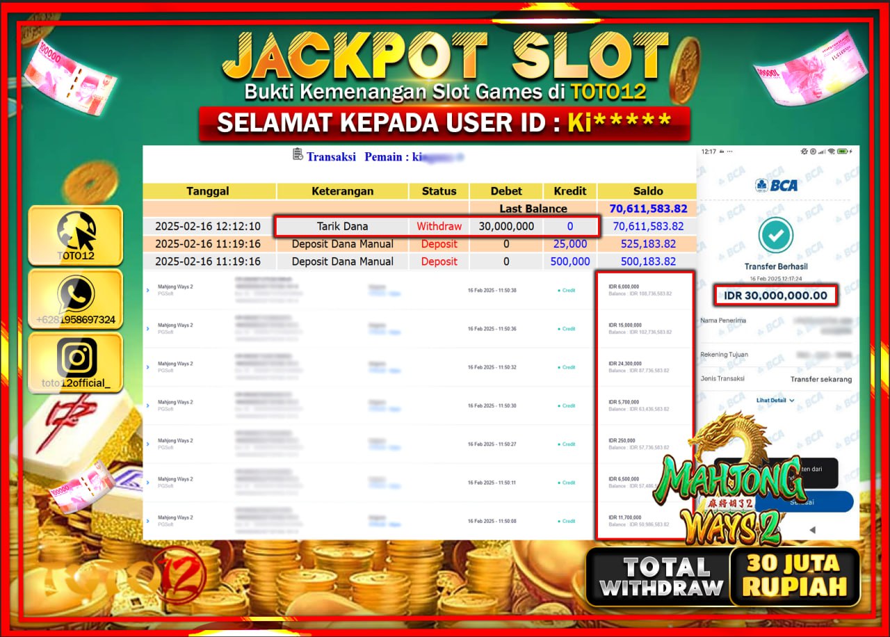 HANYA DI TOTO12 JP PASTI DI BAYAR LUNAS DAN CEPAT!!!!!! JACKPOT SLOT GAME (MAHJONG WAYS 2) Rp.30.000.000 !!!!