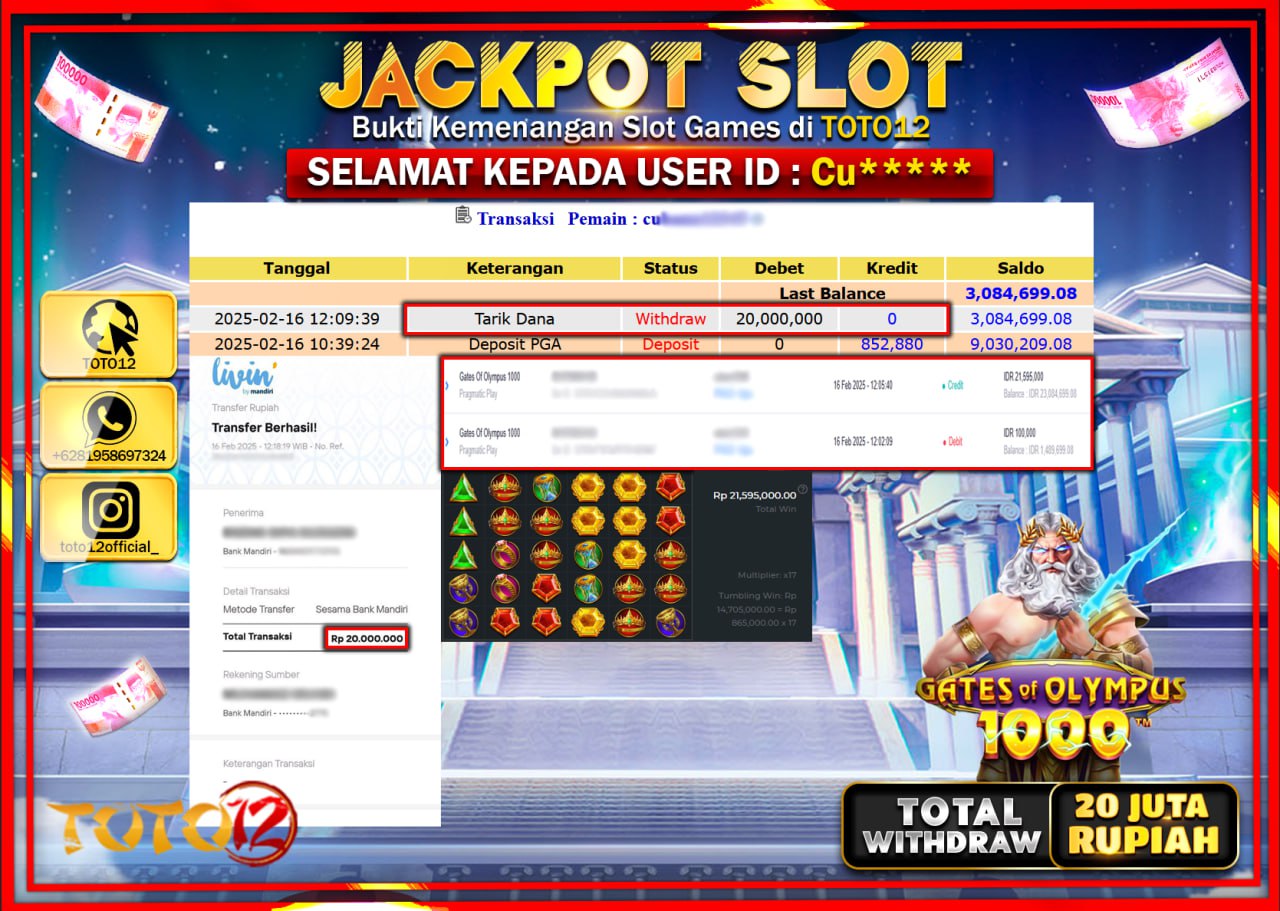 HANYA DI TOTO12 JP PASTI DI BAYAR LUNAS DAN CEPAT!!!!!! JACKPOT SLOT GAME (GATES OF OLYMPUS 1000) Rp.20.000.000 !!!!