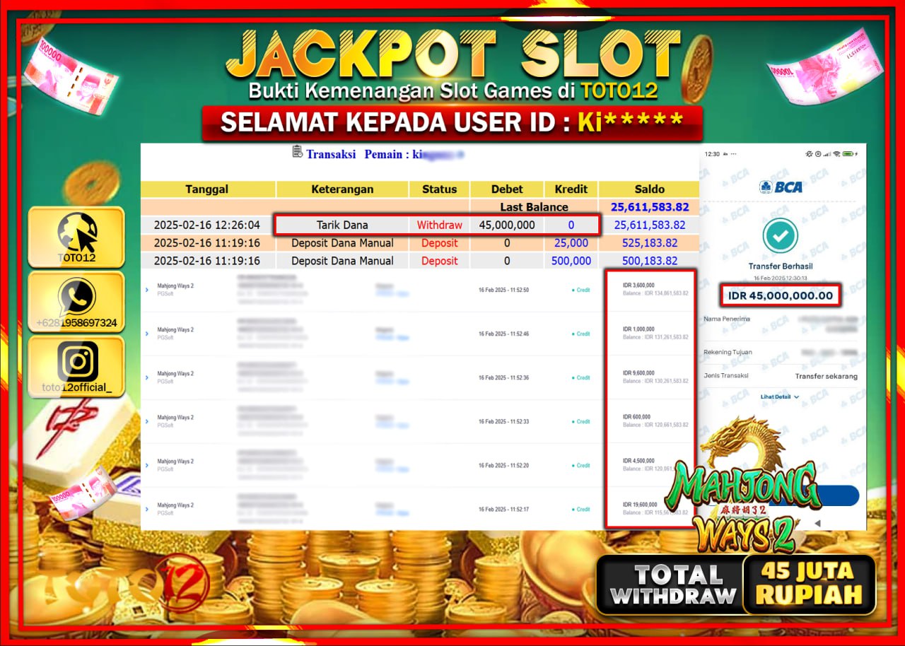 HANYA DI TOTO12 JP PASTI DI BAYAR LUNAS DAN CEPAT!!!!!! JACKPOT SLOT GAME (MAHJONG WAYS 2) Rp.45.000.000 !!!!