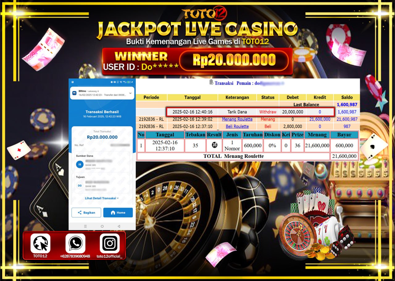 HANYA DI TOTO12 JP PASTI DI BAYAR LUNAS DAN CEPAT!!!!!! JACKPOT LIVE CASINO (ROULETTE) Rp.20.000.000 !!!!