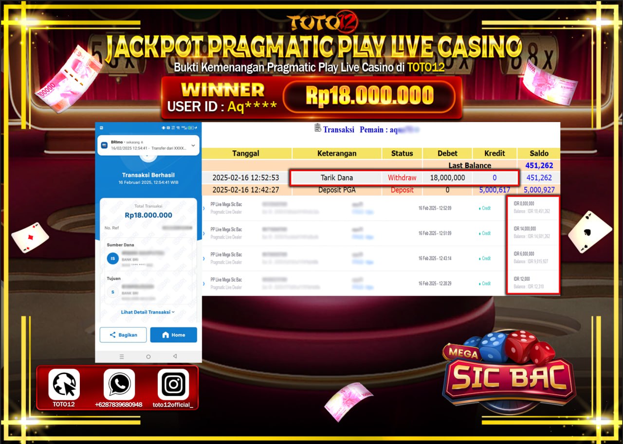 HANYA DI TOTO12 JP PASTI DI BAYAR LUNAS DAN CEPAT!!!!!! JACKPOT PRAGMATIC PLAY LIVE CASINO (MEGA SIC BAC) Rp.18.000.000 !!!!
