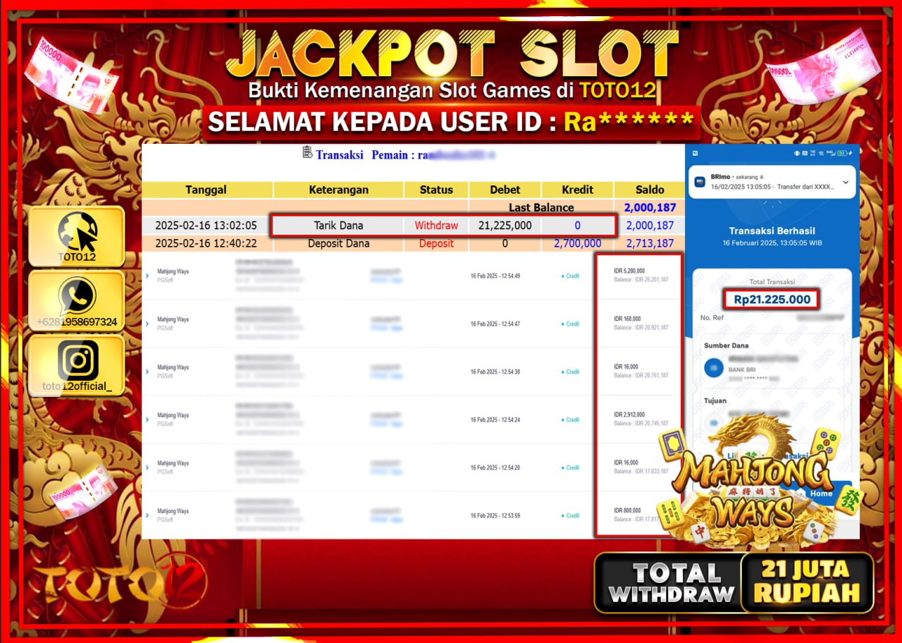 HANYA DI TOTO12 JP PASTI DI BAYAR LUNAS DAN CEPAT!!!!!! JACKPOT SLOT GAME (MAHJONG WAYS) Rp.21.000.000 !!!!