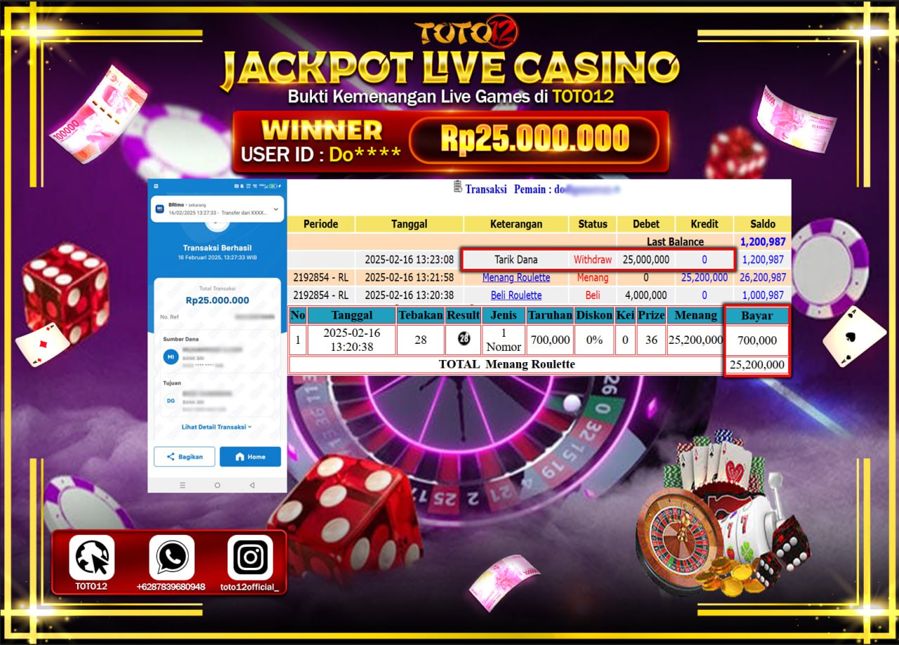 HANYA DI TOTO12 JP PASTI DI BAYAR LUNAS DAN CEPAT!!!!!! JACKPOT LIVE CASINO (ROULETTE) Rp.25.000.000 !!!!