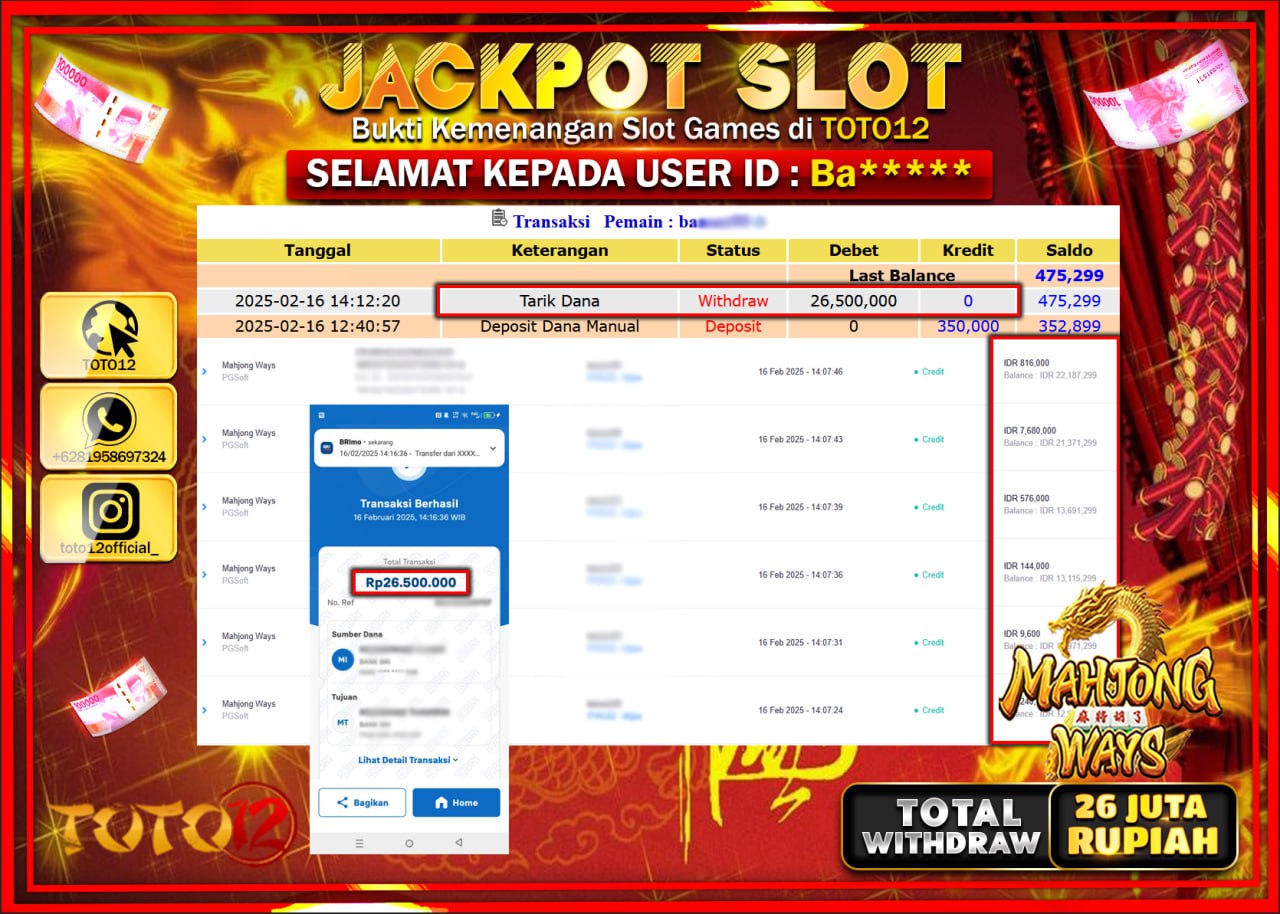 HANYA DI TOTO12 JP PASTI DI BAYAR LUNAS DAN CEPAT!!!!!! JACKPOT SLOT GAME (MAHJONG WAYS) Rp.26.000.000 !!!!