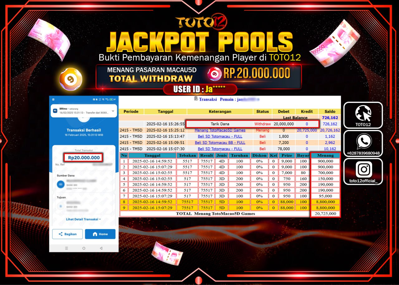 HANYA DI TOTO12 JP PASTI DI BAYAR LUNAS DAN CEPAT!!!!!! JACKPOT POOLS (TOTO MACAU 5D) Rp.20.000.000 !!!!