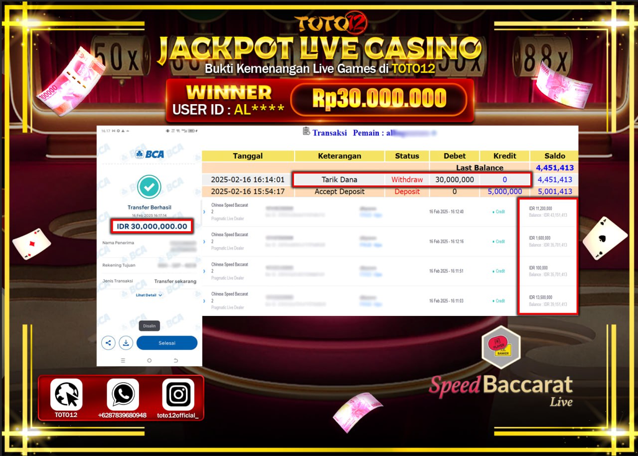 HANYA DI TOTO12 JP PASTI DI BAYAR LUNAS DAN CEPAT!!!!!! JACKPOT LIVE CASINO (SPEED BACCARAT) Rp.30.000.000 !!!!