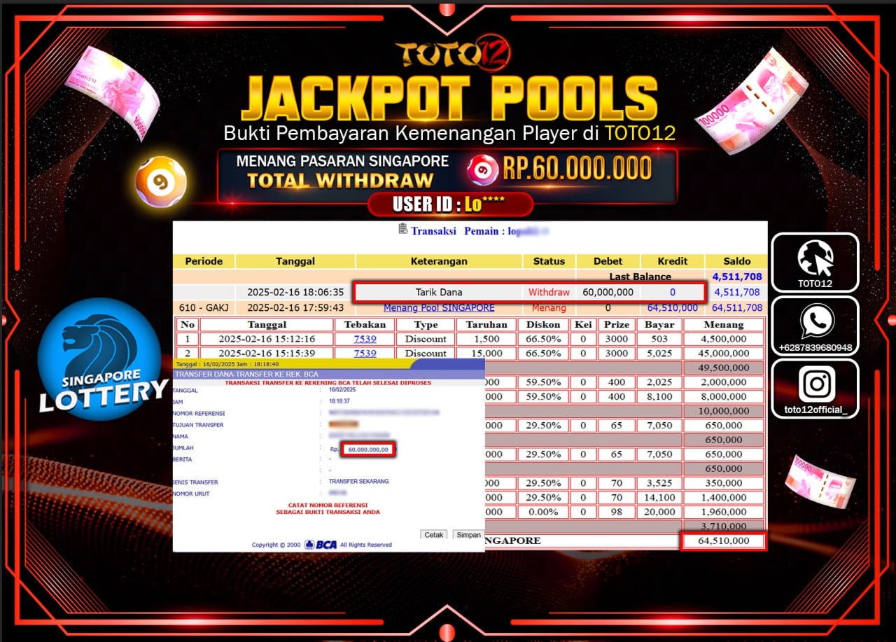HANYA DI TOTO12 JP PASTI DI BAYAR LUNAS DAN CEPAT!!!!!! JACKPOT POOLS (SINGAPORE) Rp.60.000.000 !!!!