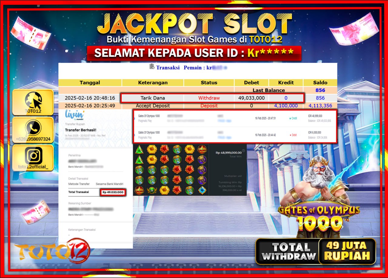 HANYA DI TOTO12 JP PASTI DI BAYAR LUNAS DAN CEPAT!!!!!! JACKPOT SLOT GAME (GATES OF OLYMPUS 1000) Rp.49.000.000 !!!!