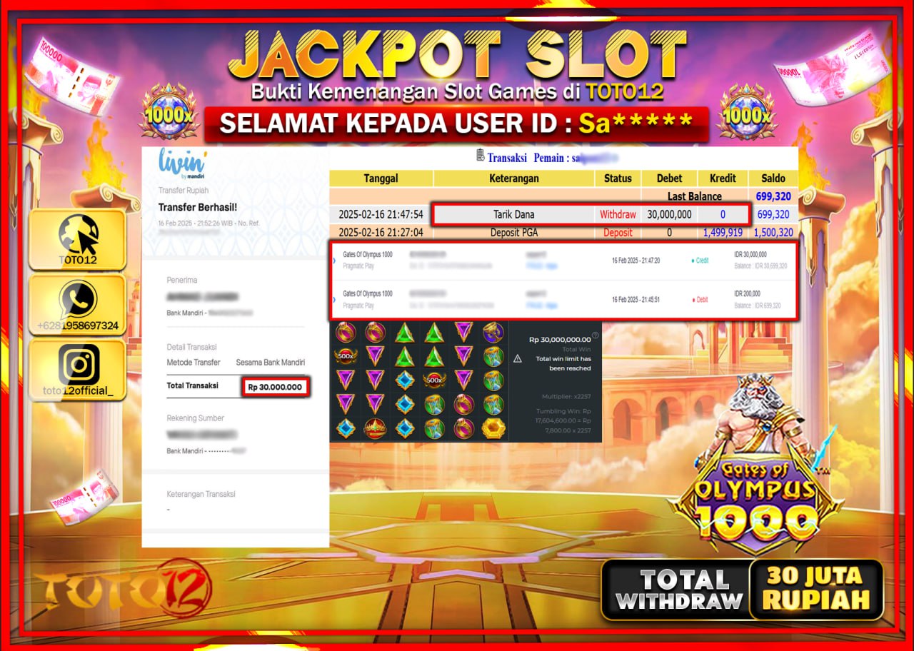 HANYA DI TOTO12 JP PASTI DI BAYAR LUNAS DAN CEPAT!!!!!! JACKPOT SLOT GAME (GATES OF OLYMPUS 1000) Rp.30.000.000 !!!!