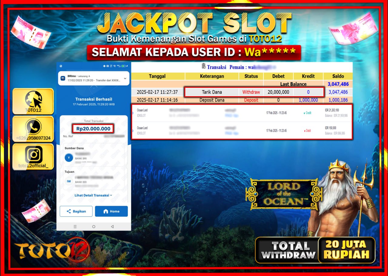HANYA DI TOTO12 JP PASTI DI BAYAR LUNAS DAN CEPAT!!!!!! JACKPOT SLOT GAME (LORD OF THE OCEAN) Rp.20.000.000 !!!!