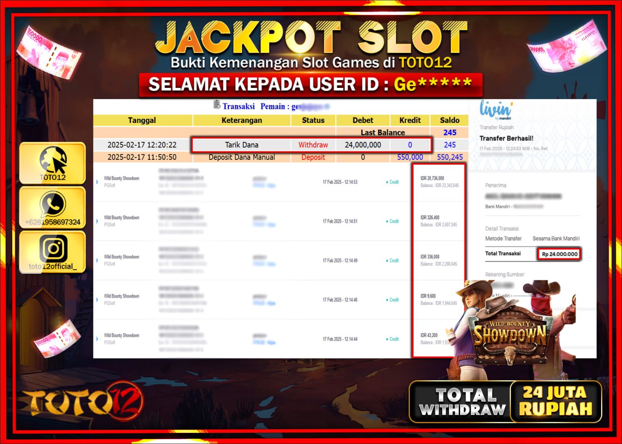 HANYA DI TOTO12 JP PASTI DI BAYAR LUNAS DAN CEPAT!!!!!! JACKPOT SLOT GAME (WILD BOUNTY SHOWDOWN) Rp.24.000.000 !!!!