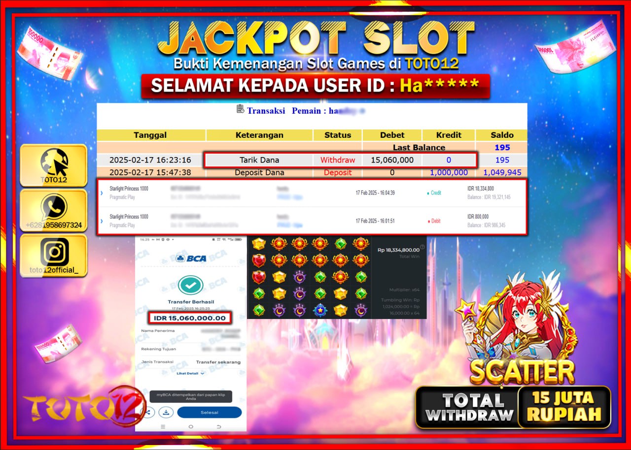 HANYA DI TOTO12 JP PASTI DI BAYAR LUNAS DAN CEPAT!!!!!! JACKPOT SLOT GAME (STARLIGHT PRINCESS 1000) Rp.15.000.000 !!!!