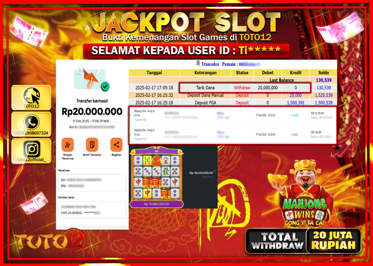 HANYA DI TOTO12 JP PASTI DI BAYAR LUNAS DAN CEPAT!!!!!! JACKPOT SLOT GAME (MAHJONG WINS GONG XI FA CAI) Rp.20.000.000 !!!!