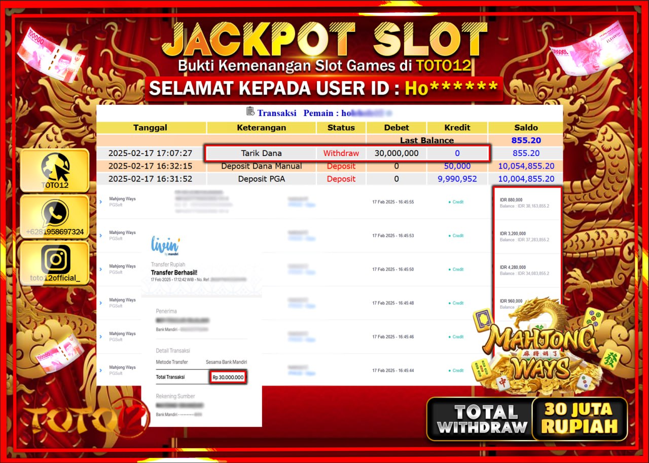 HANYA DI TOTO12 JP PASTI DI BAYAR LUNAS DAN CEPAT!!!!!! JACKPOT SLOT GAME (MAHJONG WAYS) Rp.30.000.000 !!!!