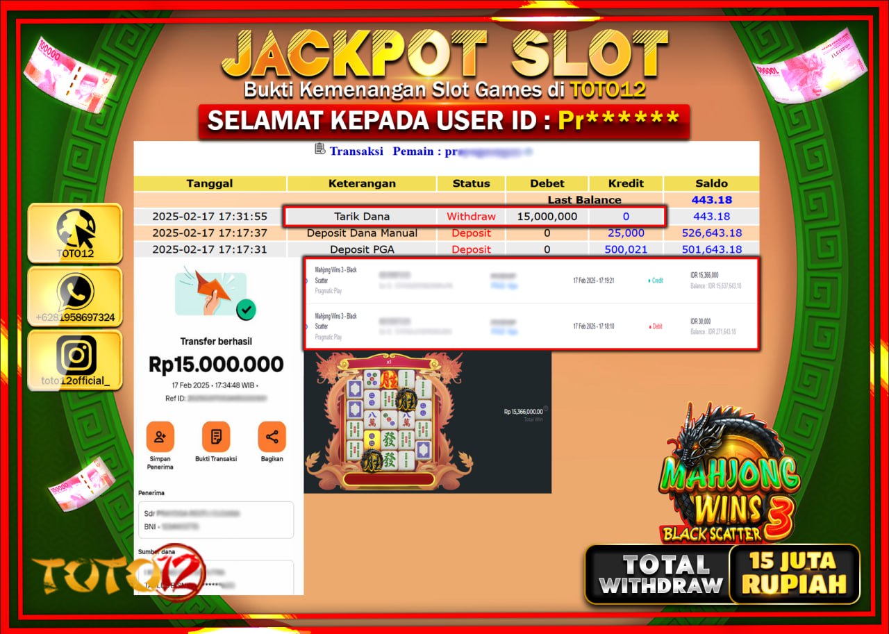 HANYA DI TOTO12 JP PASTI DI BAYAR LUNAS DAN CEPAT!!!!!! JACKPOT SLOT GAME (MAHJONG WINS 3 BLACK) Rp.15.000.000 !!!!
