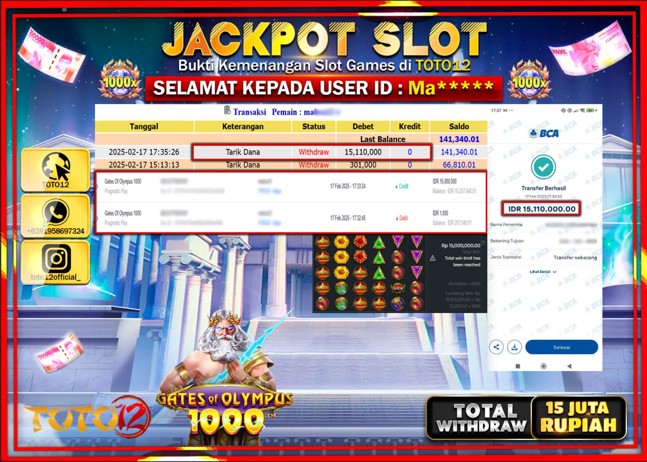 HANYA DI TOTO12 JP PASTI DI BAYAR LUNAS DAN CEPAT!!!!!! JACKPOT SLOT GAME (GATES OF OLYMPUS 1000) Rp.15.000.000 !!!!