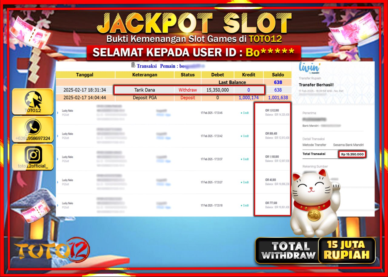 HANYA DI TOTO12 JP PASTI DI BAYAR LUNAS DAN CEPAT!!!!!! JACKPOT SLOT GAME (LUCKY NEKO) Rp.15.000.000 !!!!