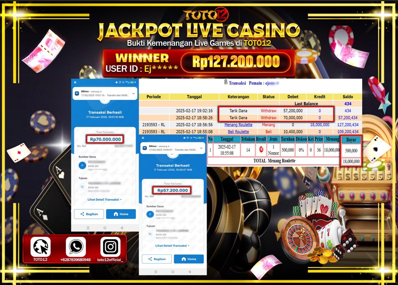 HANYA DI TOTO12 JP PASTI DI BAYAR LUNAS DAN CEPAT!!!!!! JACKPOT LIVE CASINO (ROULETTE) Rp.127.200.000 !!!!