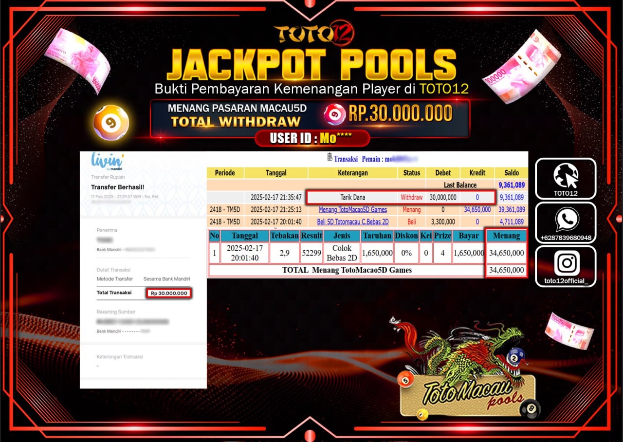HANYA DI TOTO12 JP PASTI DI BAYAR LUNAS DAN CEPAT!!!!!! JACKPOT POOLS (TOTO MACAU) Rp.30.000.000 !!!!