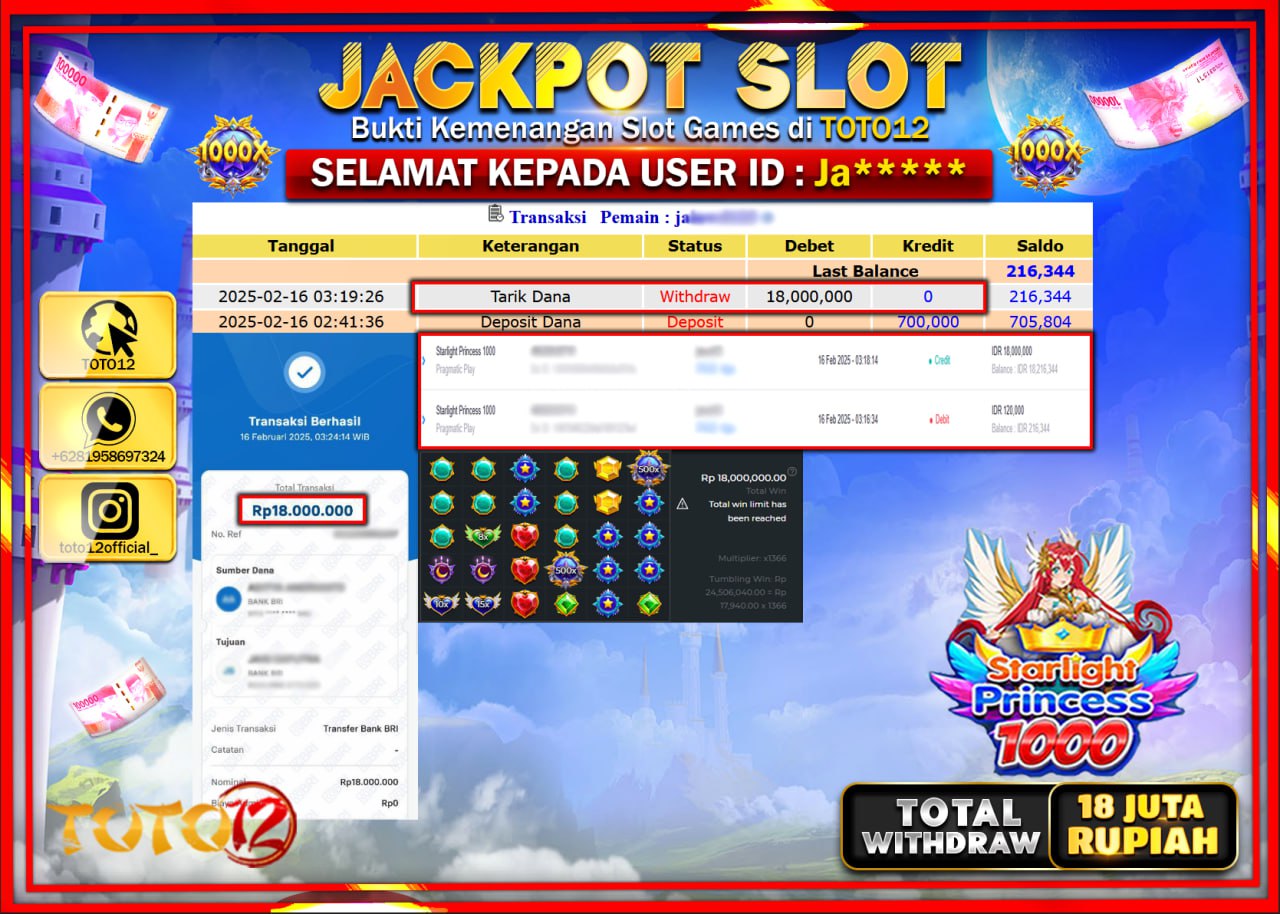HANYA DI TOTO12 JP PASTI DI BAYAR LUNAS DAN CEPAT!!!!!! JACKPOT SLOT GAME (STARLIGHT PRINCESS 1000) Rp.18.000.000 !!!!