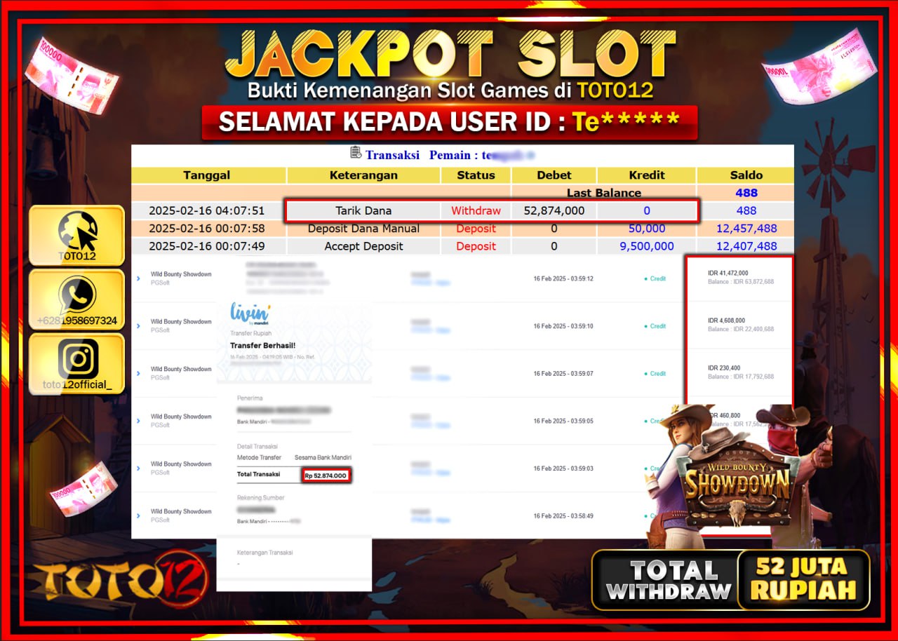 HANYA DI TOTO12 JP PASTI DI BAYAR LUNAS DAN CEPAT!!!!!! JACKPOT SLOT GAME (WILD BOUNTY SHOWDOWN) Rp.52.000.000 !!!!