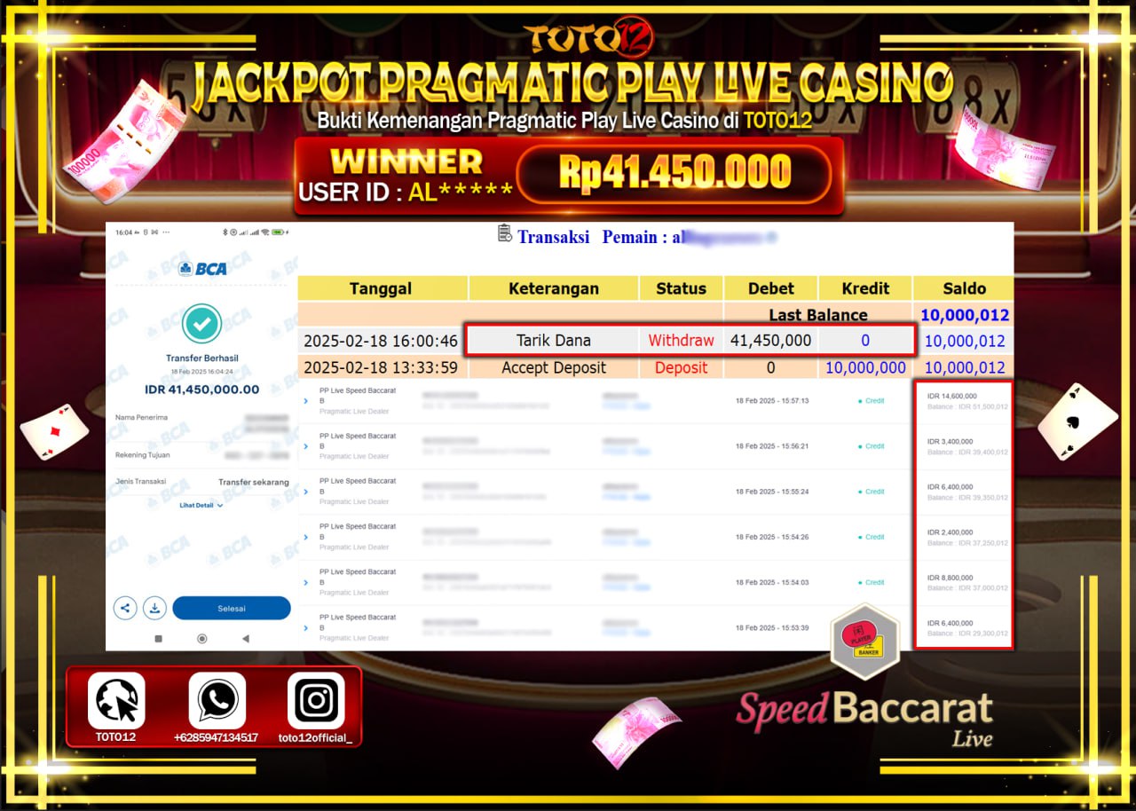 HANYA DI TOTO12 JP PASTI DI BAYAR LUNAS DAN CEPAT!!!!!! JACKPOT PRAGMATIC PLAY LIVE CASINO (SPEED BACCARAT) Rp.41.450.000 !!!!