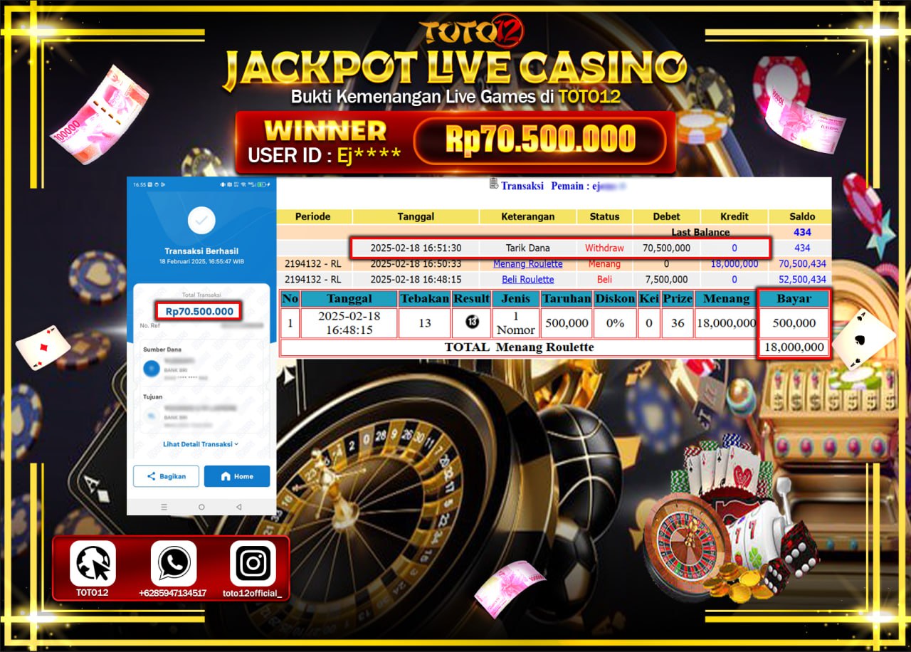 HANYA DI TOTO12 JP PASTI DI BAYAR LUNAS DAN CEPAT!!!!!! JACKPOT LIVE CASINO (ROULETTE) Rp.70.500.000 !!!!