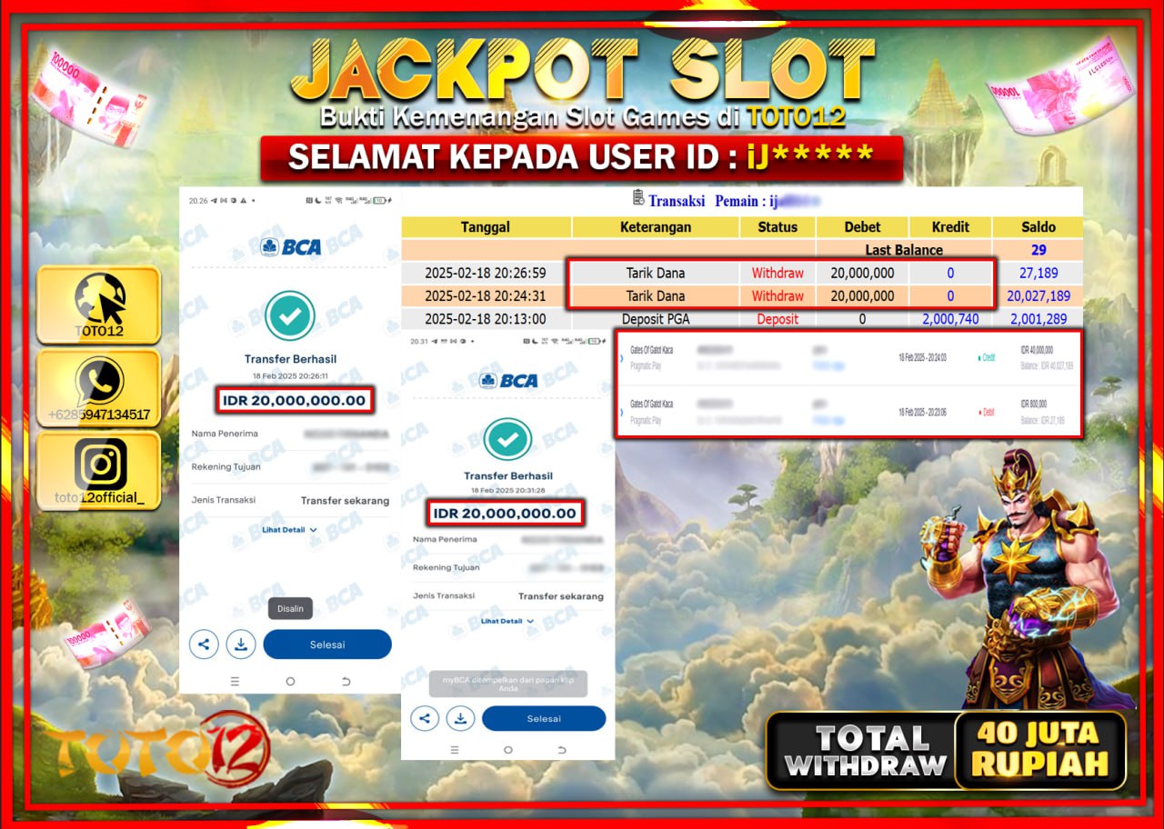 HANYA DI TOTO12 JP PASTI DI BAYAR LUNAS DAN CEPAT!!!!!! JACKPOT SLOT GAME (GATES OF GATOT KACA) Rp.40.000.000 !!!!