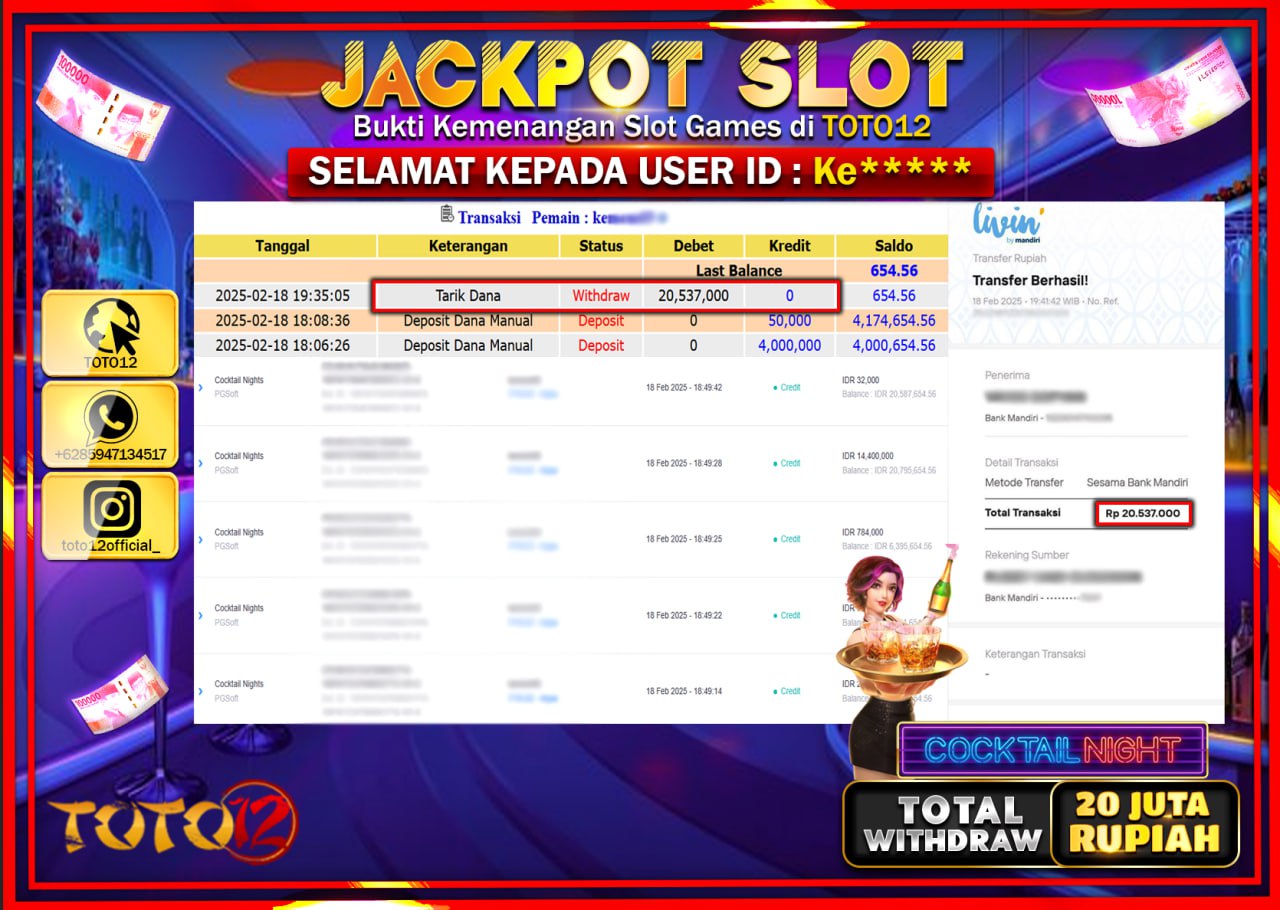 HANYA DI TOTO12 JP PASTI DI BAYAR LUNAS DAN CEPAT!!!!!! JACKPOT SLOT GAME (COCKTAIL NIGHT) Rp.20.000.000 !!!!