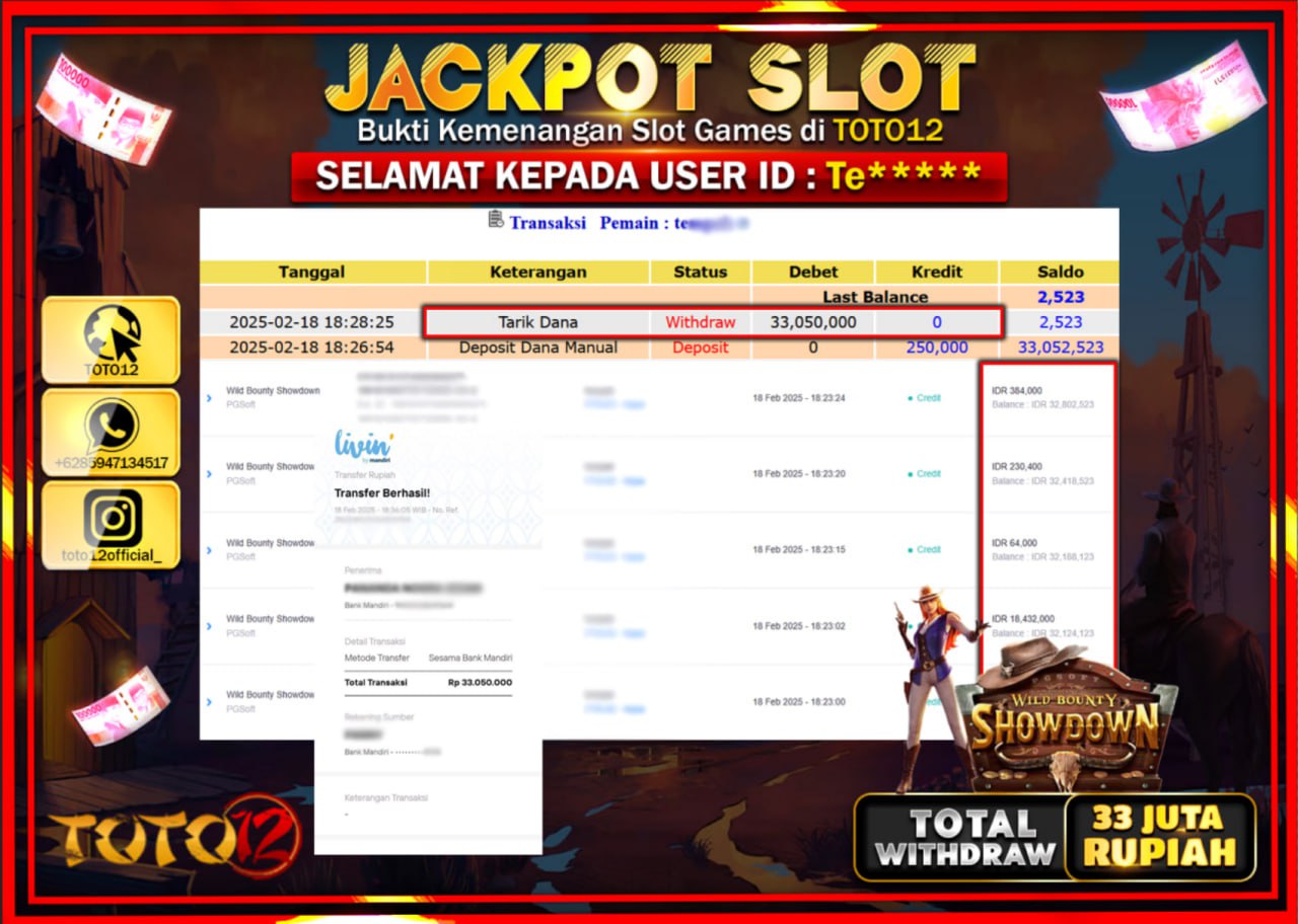 HANYA DI TOTO12 JP PASTI DI BAYAR LUNAS DAN CEPAT!!!!!! JACKPOT SLOT GAME (WILD BOUNTY SHOWDOWN) Rp.33.000.000 !!!!