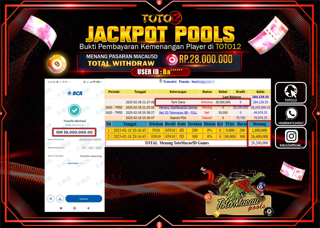 HANYA DI TOTO12 JP PASTI DI BAYAR LUNAS DAN CEPAT!!!!!! JACKPOT POOLS (TOTO MACAU) Rp.28.000.000 !!!!