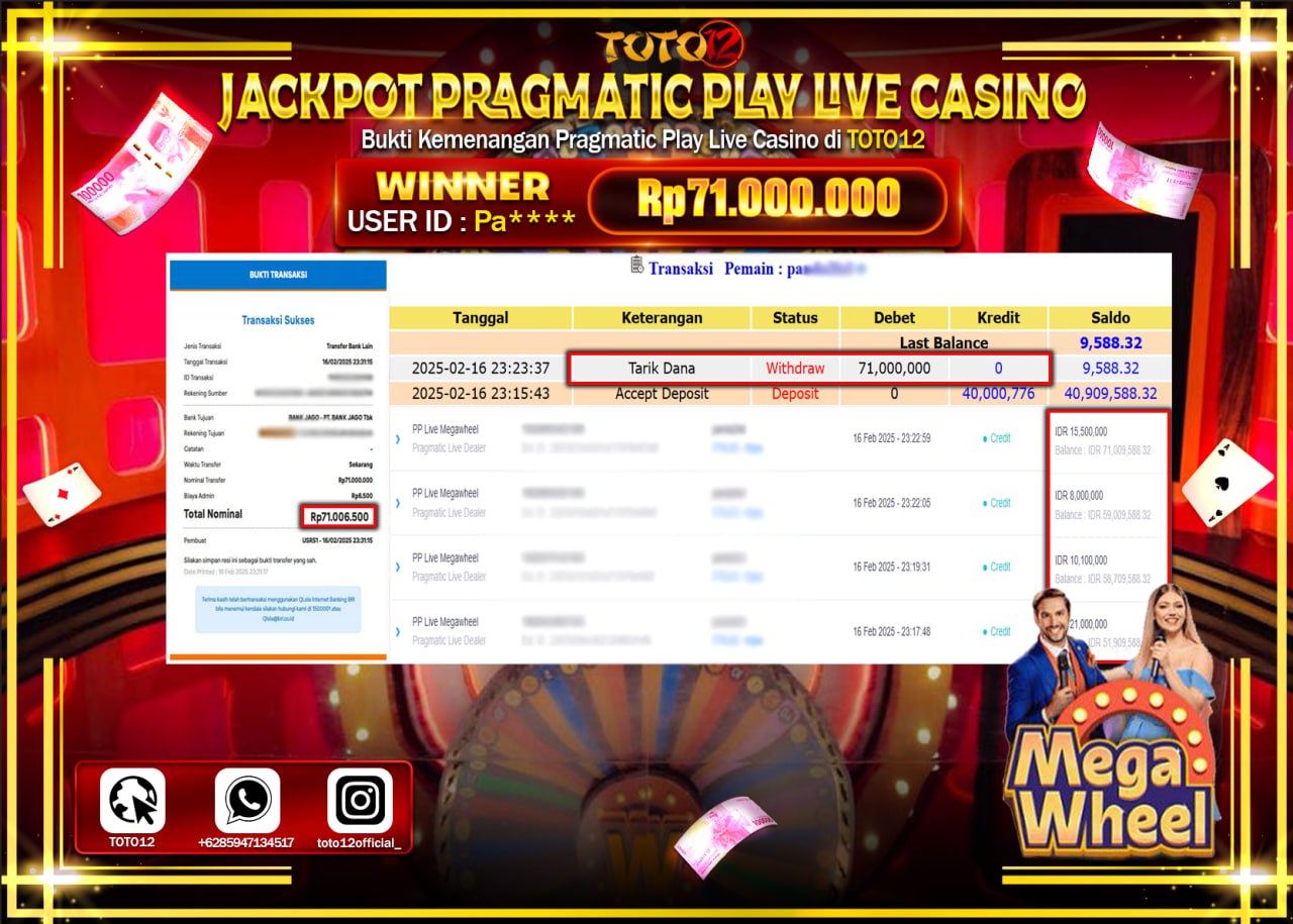 HANYA DI TOTO12 JP PASTI DI BAYAR LUNAS DAN CEPAT!!!!!! JACKPOT PRAGMATIC PLAY LIVE CASINO (MEGA WHEEL) Rp.71.000.000 !!!!