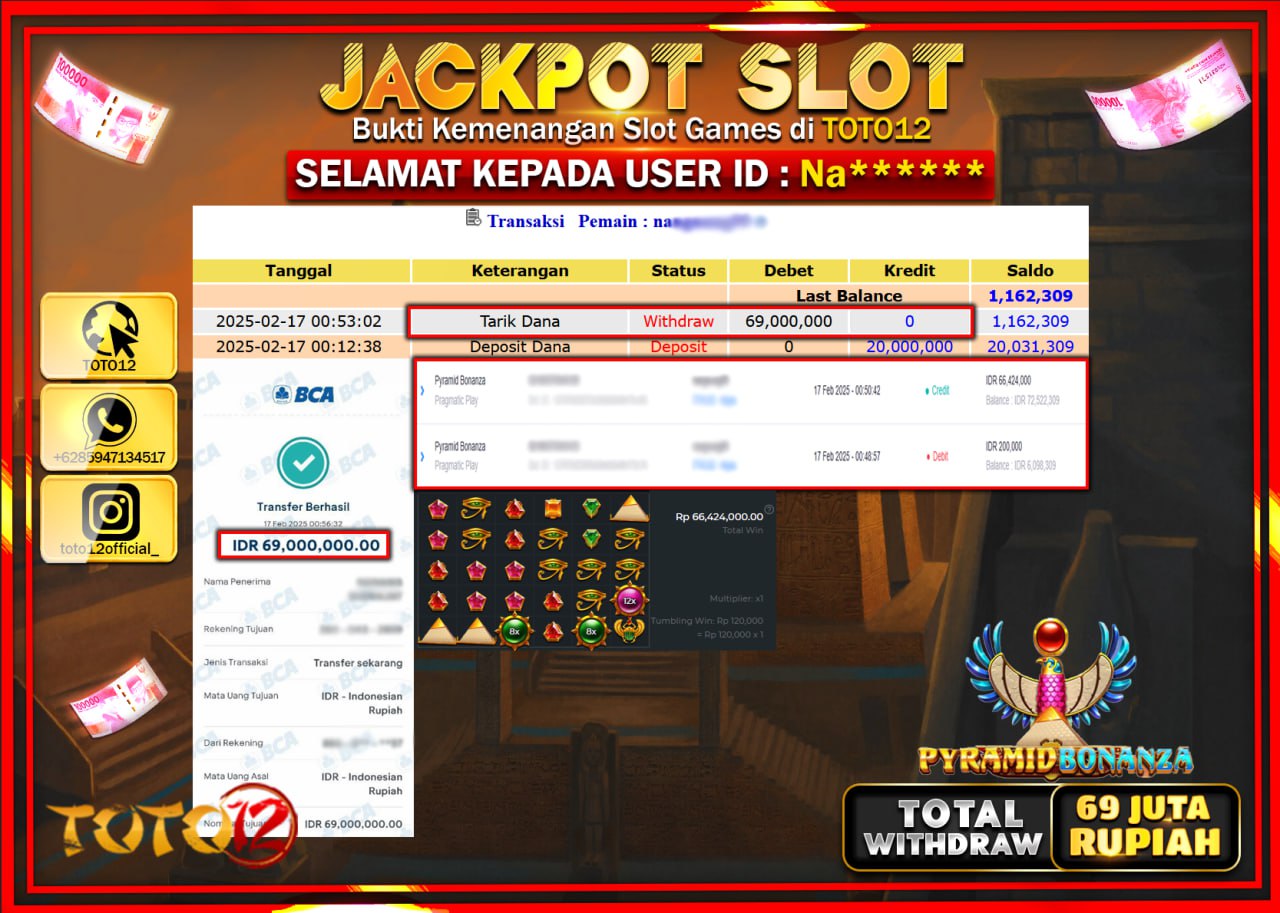 HANYA DI TOTO12 JP PASTI DI BAYAR LUNAS DAN CEPAT!!!!!! JACKPOT SLOT GAME (PYRAMID BONANZA) Rp.69.000.000 !!!!