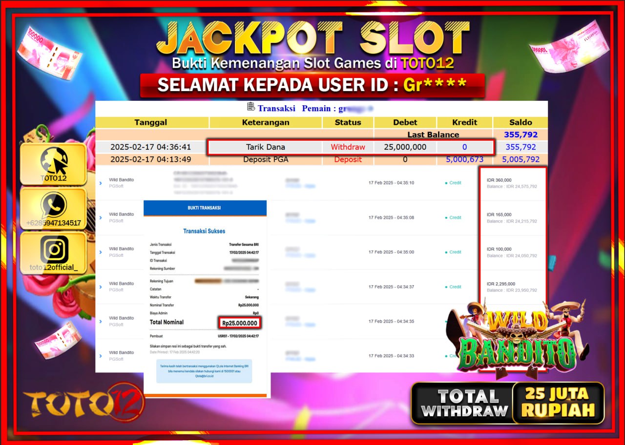 HANYA DI TOTO12 JP PASTI DI BAYAR LUNAS DAN CEPAT!!!!!! JACKPOT SLOT GAME (WILD BANDITO) Rp.25.000.000 !!!!