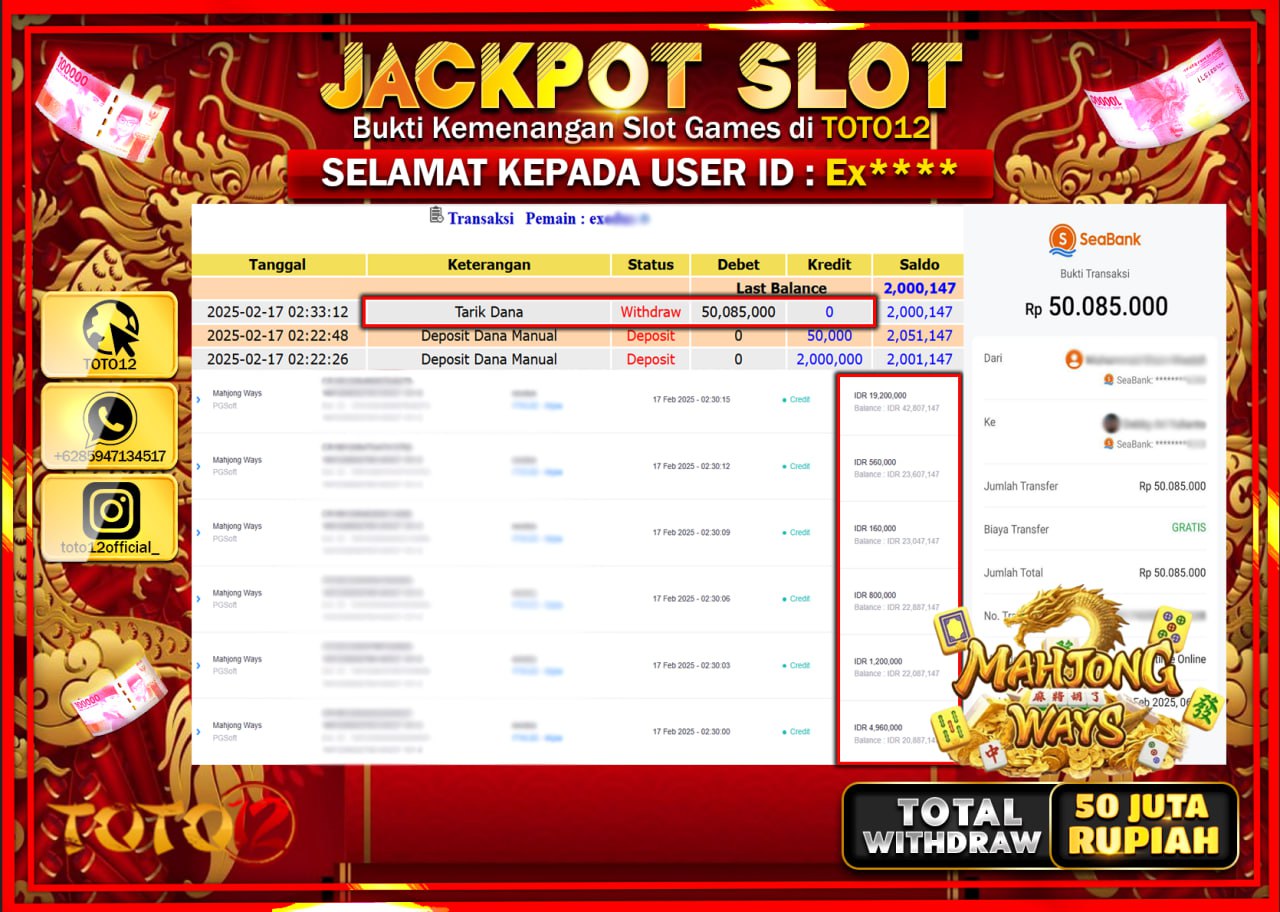 HANYA DI TOTO12 JP PASTI DI BAYAR LUNAS DAN CEPAT!!!!!! JACKPOT SLOT GAME (MAHJONG WAYS) Rp.50.085.000 !!!!