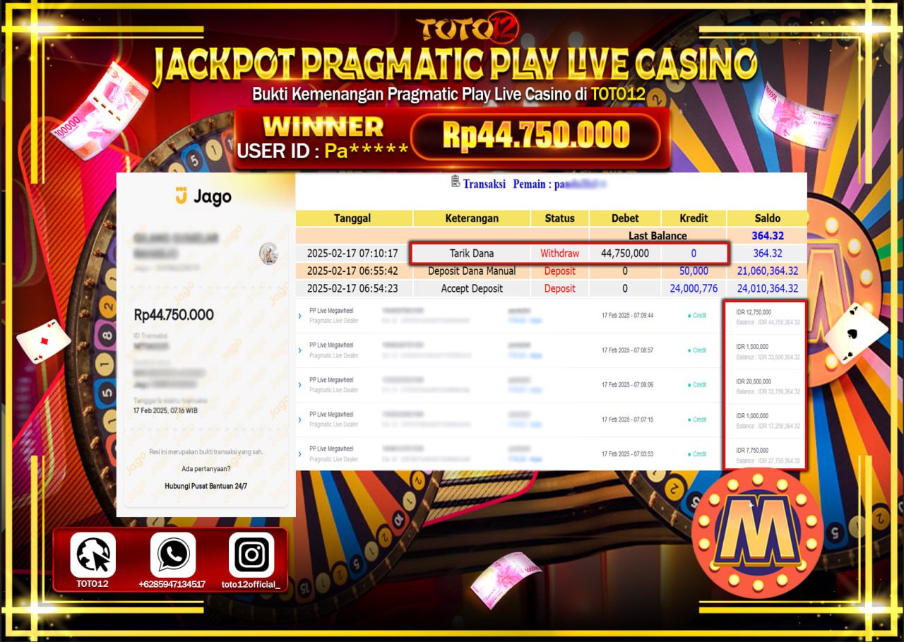 HANYA DI TOTO12 JP PASTI DI BAYAR LUNAS DAN CEPAT!!!!!! JACKPOT PRAGMATIC PLAY LIVE CASINO (MEGA WELL) Rp.44.750.000 !!!!