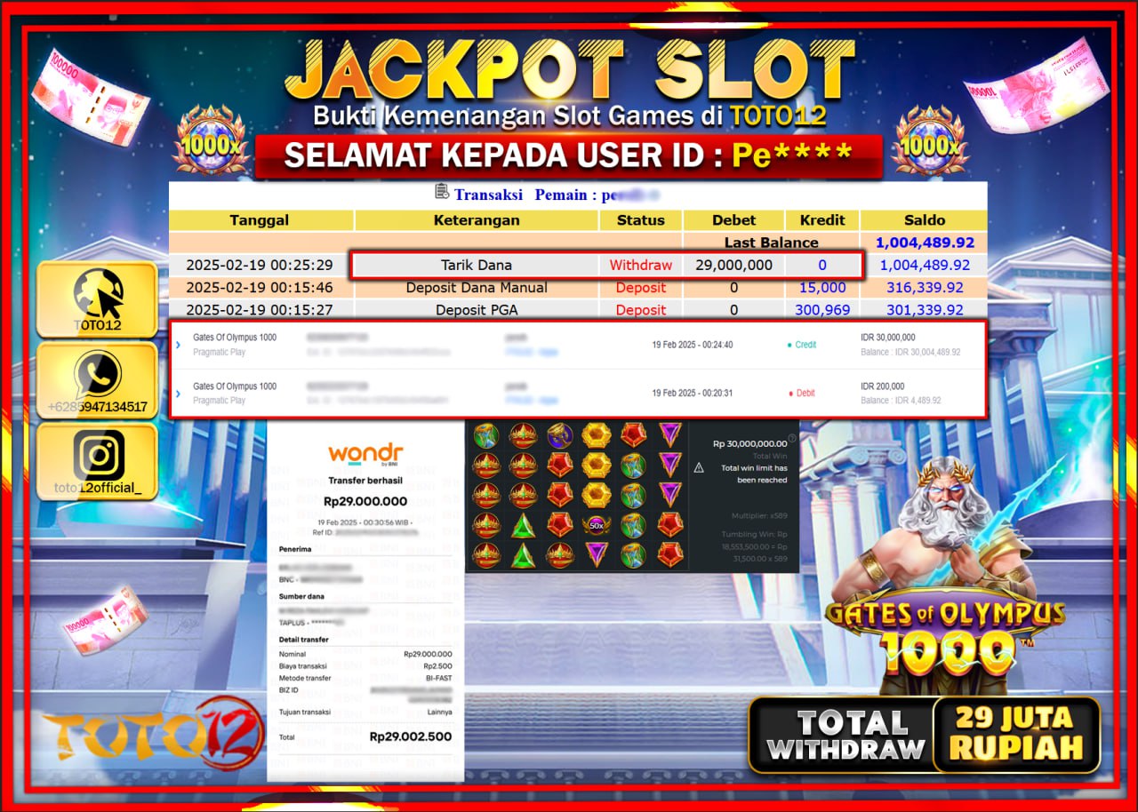 HANYA DI TOTO12 JP PASTI DI BAYAR LUNAS DAN CEPAT!!!!!! JACKPOT SLOT GAME (GATES OF OLYMPUS 1000) Rp.29.000.000 !!!!