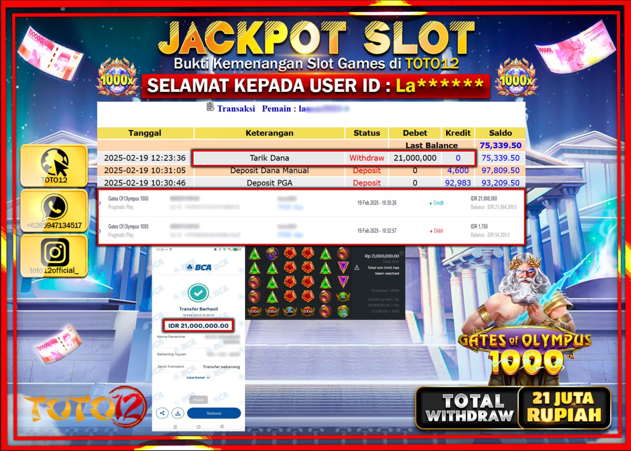 HANYA DI TOTO12 JP PASTI DI BAYAR LUNAS DAN CEPAT!!!!!! JACKPOT SLOT GAME (GATES OF OLYMPUS 1000) Rp.21.000.000 !!!!