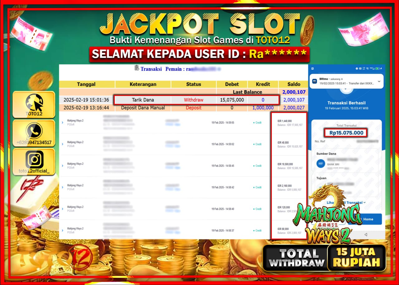 HANYA DI TOTO12 JP PASTI DI BAYAR LUNAS DAN CEPAT!!!!!! JACKPOT SLOT GAME (MAHJONG WAYS 2) Rp.15.075.000 !!!!