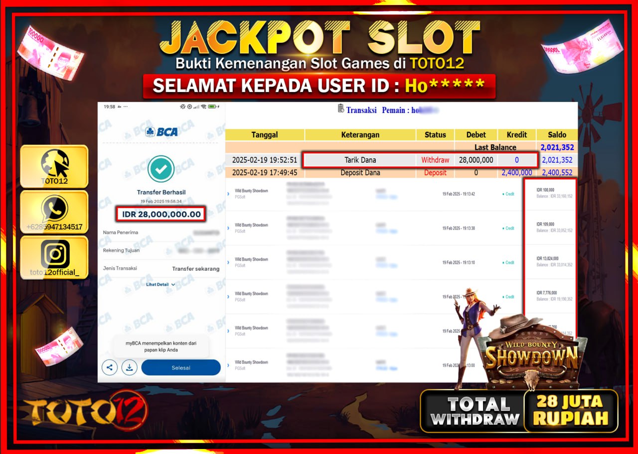 HANYA DI TOTO12 JP PASTI DI BAYAR LUNAS DAN CEPAT!!!!!! JACKPOT SLOT GAME (WILD BOUNTY SHOWDOWN) Rp.28.000.000 !!!!