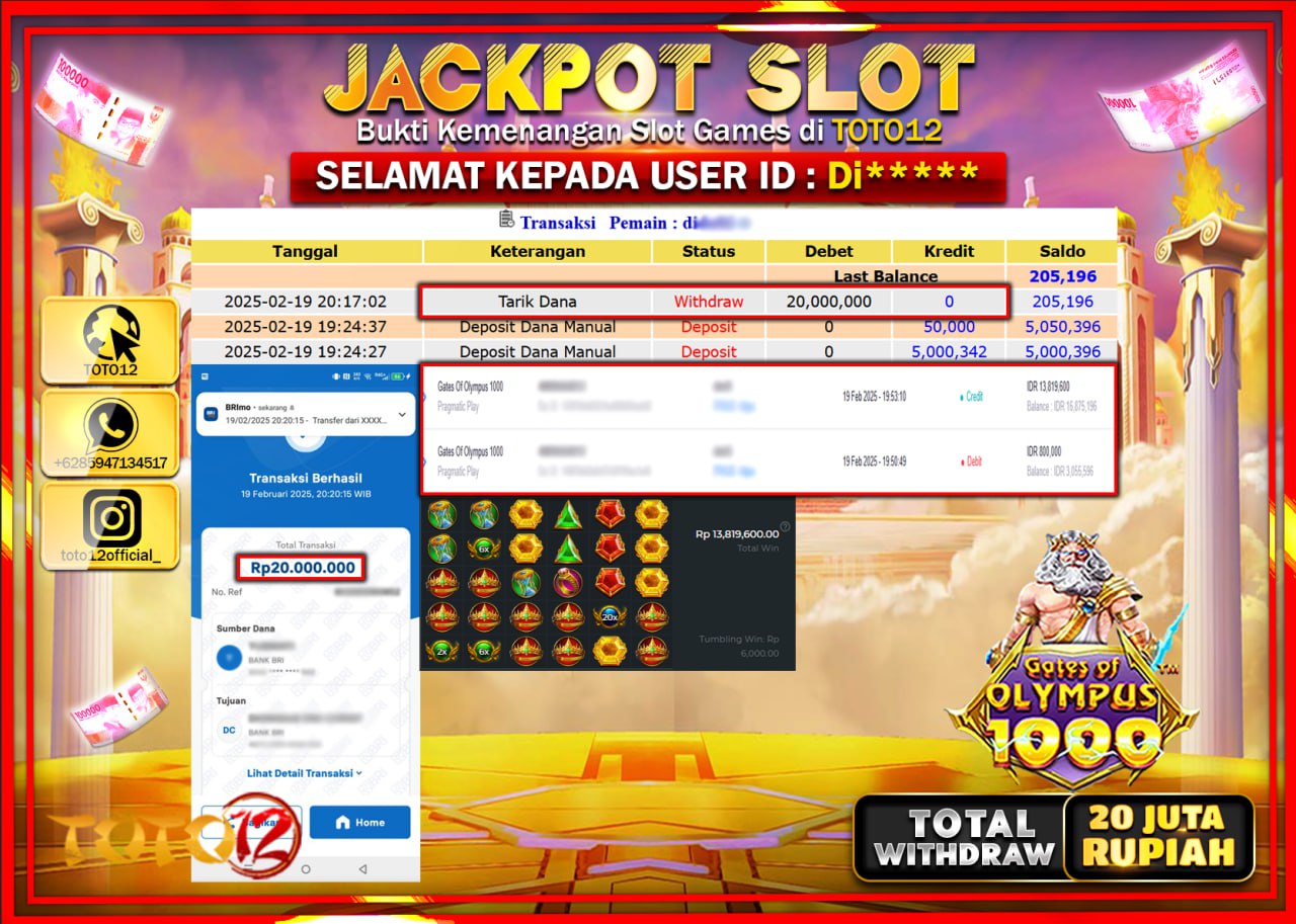 HANYA DI TOTO12 JP PASTI DI BAYAR LUNAS DAN CEPAT!!!!!! JACKPOT SLOT GAME (GATES OF OLYMPUS 1000) Rp.20.000.000 !!!!
