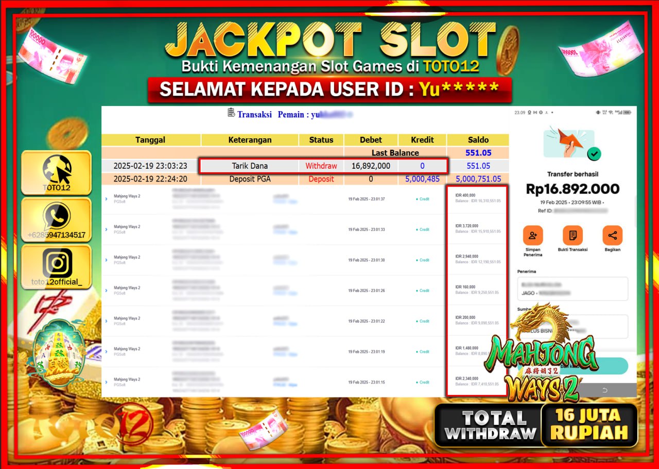 HANYA DI TOTO12 JP PASTI DI BAYAR LUNAS DAN CEPAT!!!!!! JACKPOT SLOT GAME (MAHJONG WAYS 2) Rp.16.892.000 !!!!
